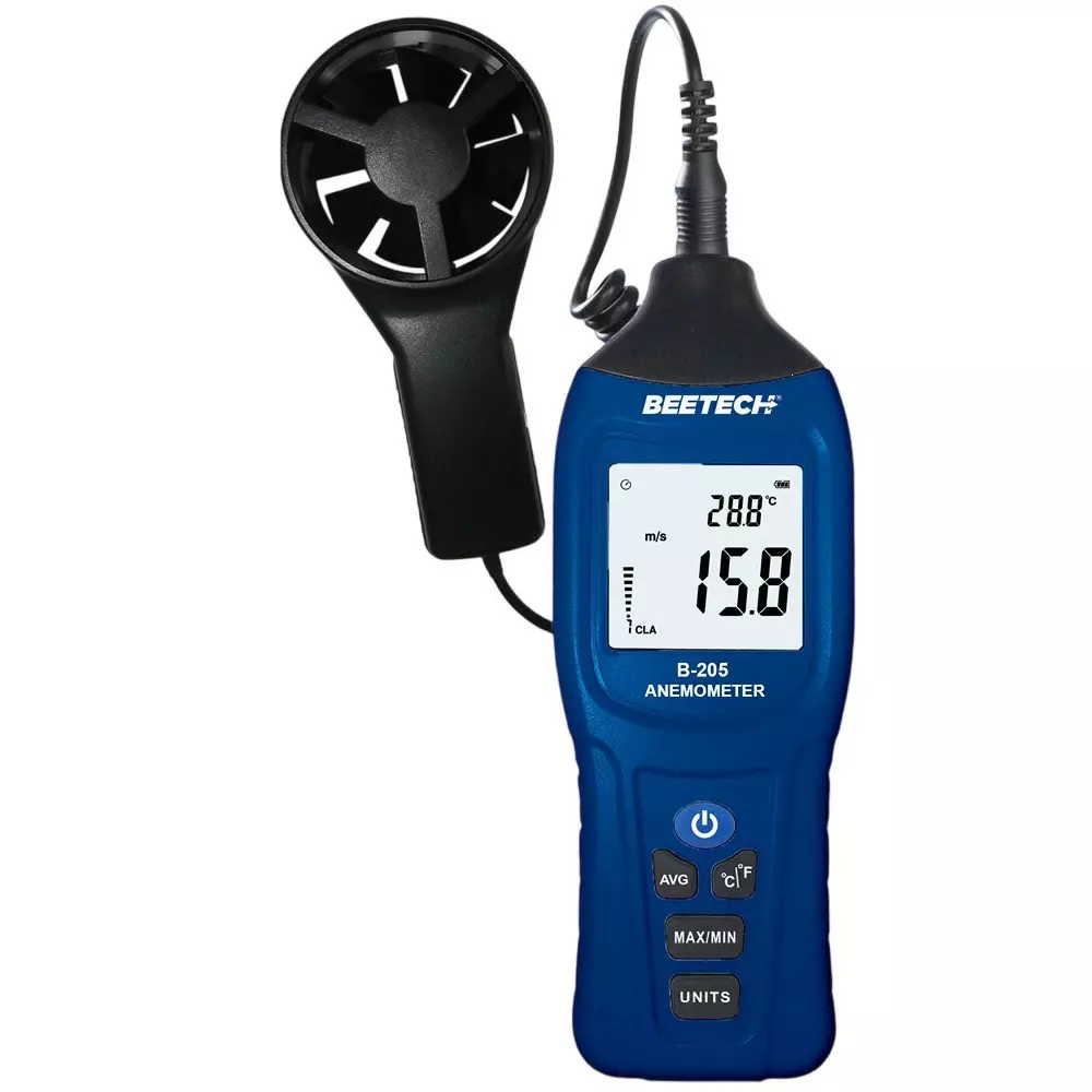 BEETECH Digital Anemometer With Detachable Probe, 4 Digits Back Light LCD display and 0.4 to 30 m/s Air Velocity Range, B-205