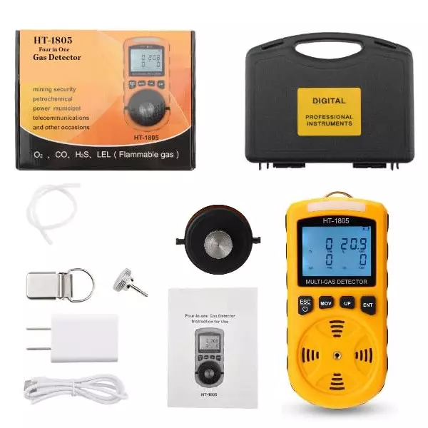 HSETIN 4 in 1 Multi Gas Detector for O2, CO, H2S & LEL (Inflammable Gas), HT-1805