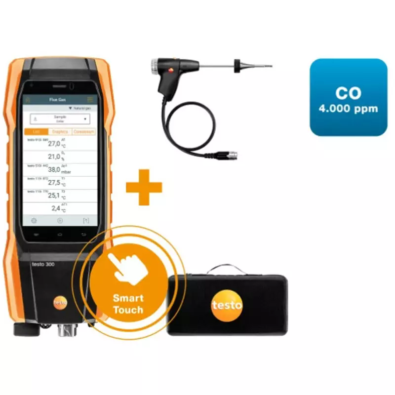 Testo Exhaust Gas Analyzer Set O2/0 to 21 Vol % Measurement Range Probes: 500 ℃ Highest Temperature, 0564 3002 70