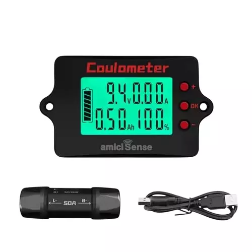 amiciSense Coulomb Counter 8–120 V 50 A Battery Capacity Meter Bi-Directional Voltage Current Ah Display, 1xBAT-COU-50A