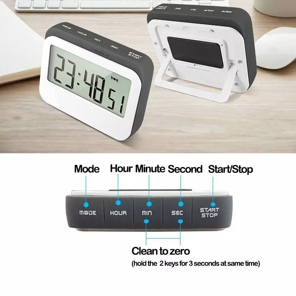 MxRady Digital Kitchen Timer with LCD Display, Plastic Body and 5 Buttons, Grey and White, DT-1047