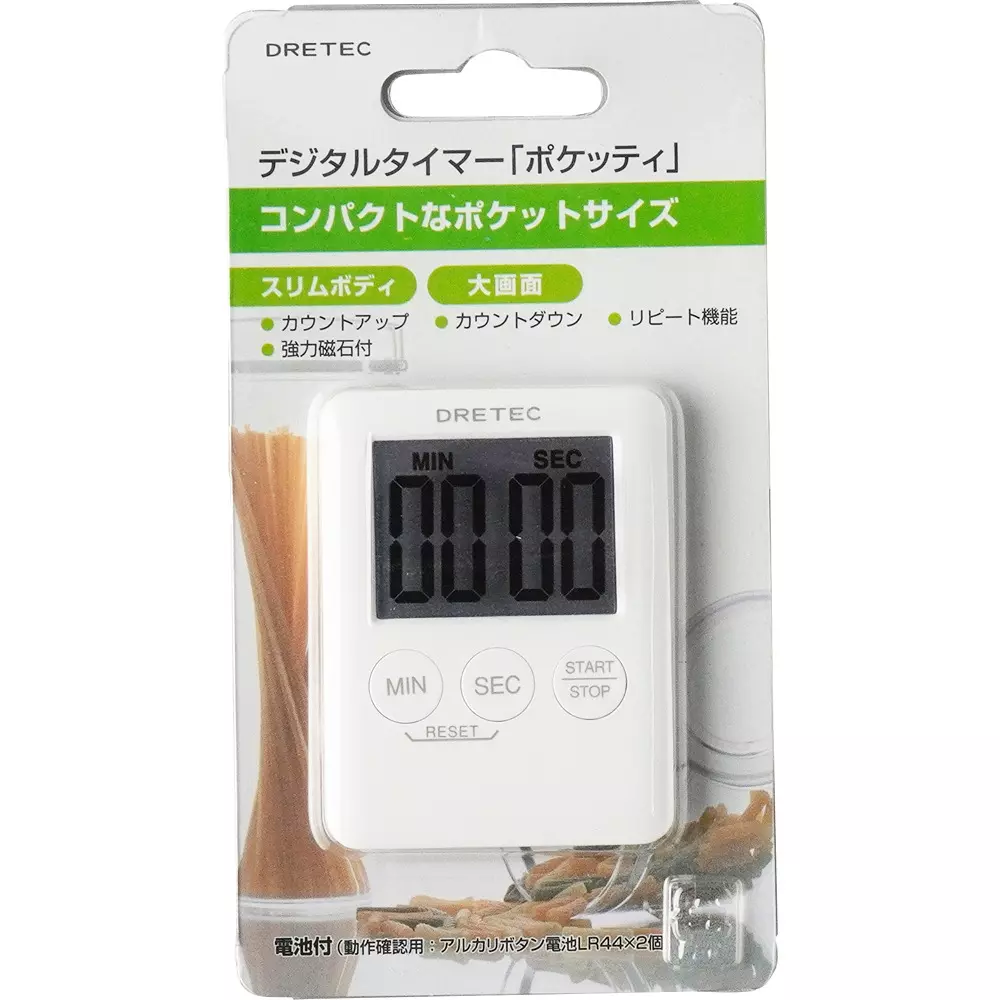 DRETEC Digital Timer Maximum set time 99 minutes 59 seconds Specifications 2 alkaline button batteries LR44 Included, T-307WT