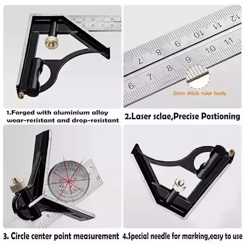 Buyohlic International 0-300 mm Range Multi Combination Square Angle Ruler with Precision Protractor and Spirit Level for Woodworking with Hand Gloves, 53-710I-688Q