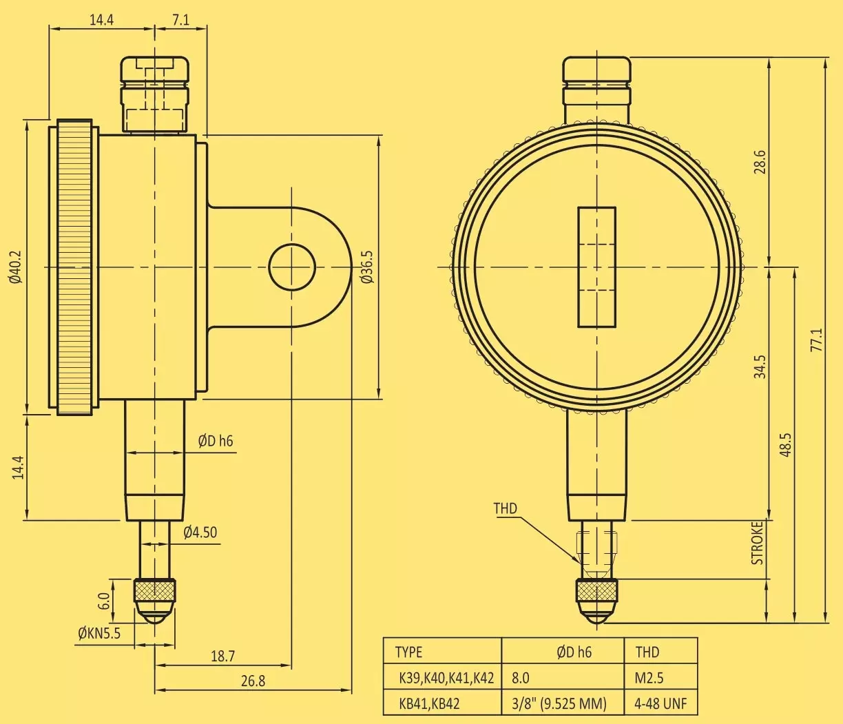 Baker 40-K40 Range 5 mm Plunger Type Dial Gauge