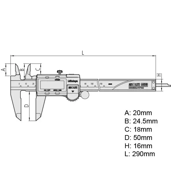 Mitutoyo ABSOLUTE Digimatic Caliper 0-200 mm Range Carbide Tipped Jaw ±0.02 mm Accuracy, 500-176-30