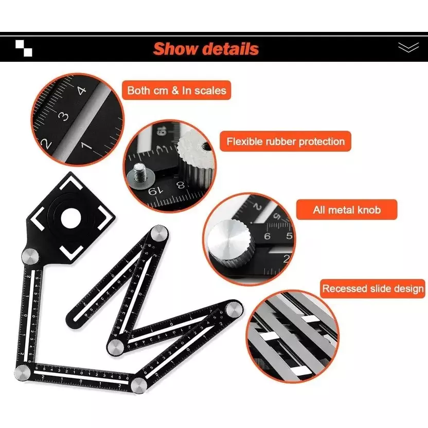 Fairmate Multi Angle Measuring Ruler 6-Sided Angle Finder Tool Non Magnetic Metal Black 30 cm Shaft Length for Home & Professional Use