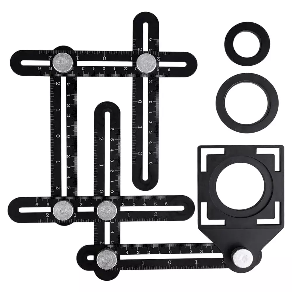 FLAMINGO ENTERPRISE Multi-Angle Measuring Ruler Six-Fold Adjustable Arms Gauge Lock Aluminium Black 30 cm Shaft Length, FM-32