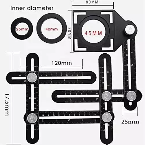 NIKTION Multi-Angle Measuring Ruler 30 cm Shaft Length Six-Fold Adjustable Arms Aluminum Alloy Black