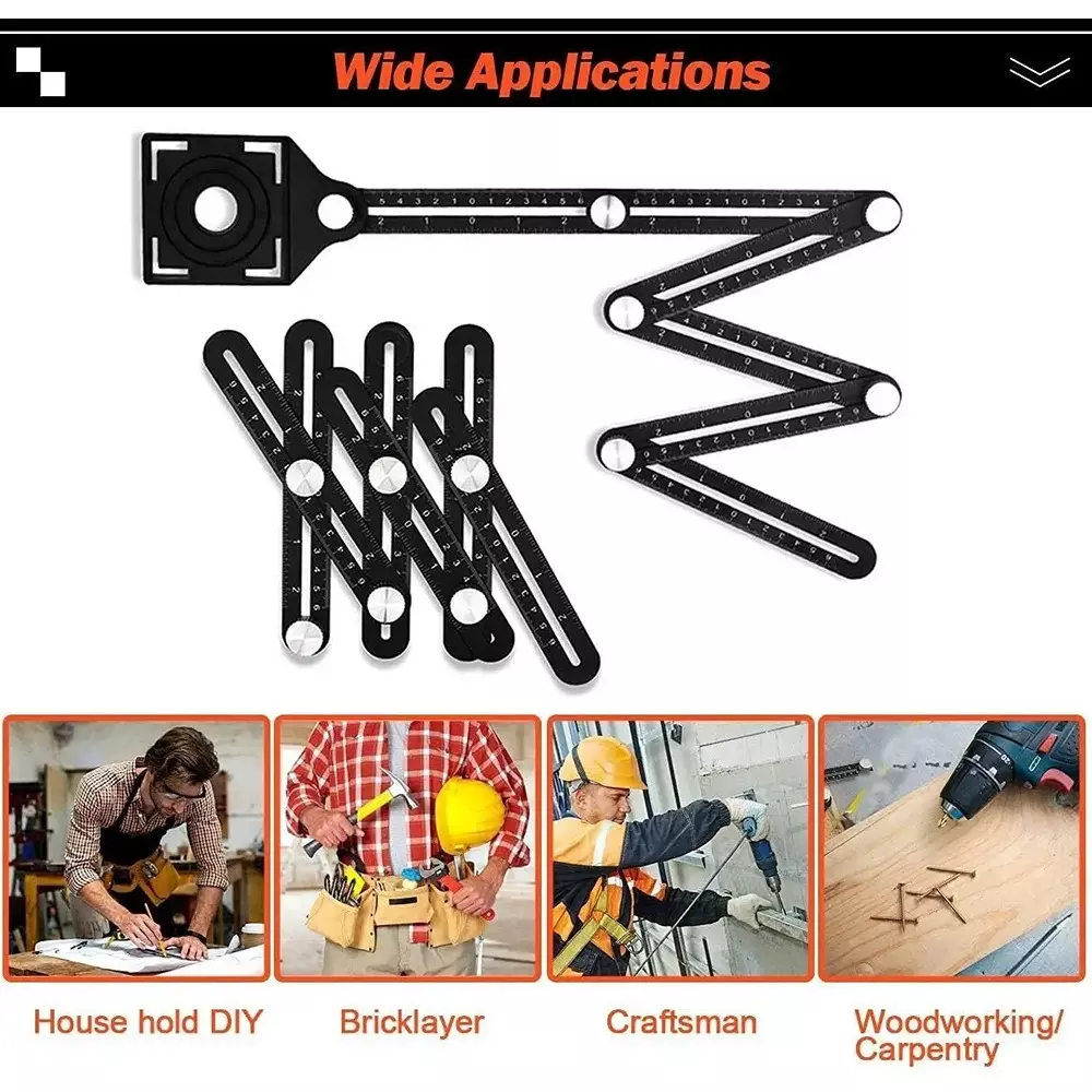NIKTION Multi-Angle Measuring Ruler 30 cm Shaft Length Six-Fold Adjustable Arms Aluminum Alloy Black