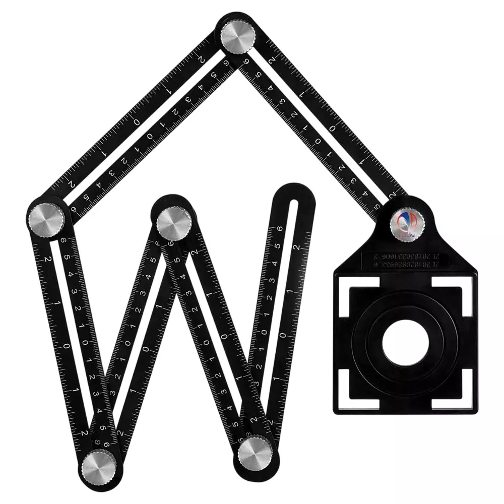 FLAMINGO ENTERPRISE Multi-Angle Measuring Ruler Six-Fold Adjustable Arms Screw Lock Alloy & Plastic Black 30 cm Shaft Length, FM-40