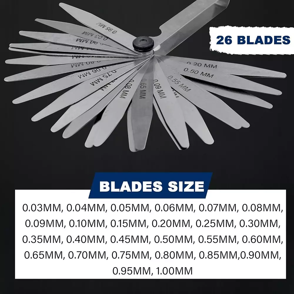 CUTHARD Feeler Gauge with 26 Blades 100 mm (4 inch) Length 0.03mm to 1.00mm Range Size Stainless Steel Silver,CH70002