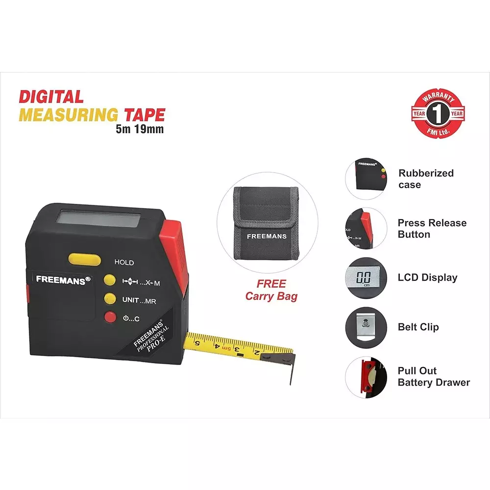 Freemans 5 m Black Carbon Steel Digital Measuring Tape 19 mm PROE519
