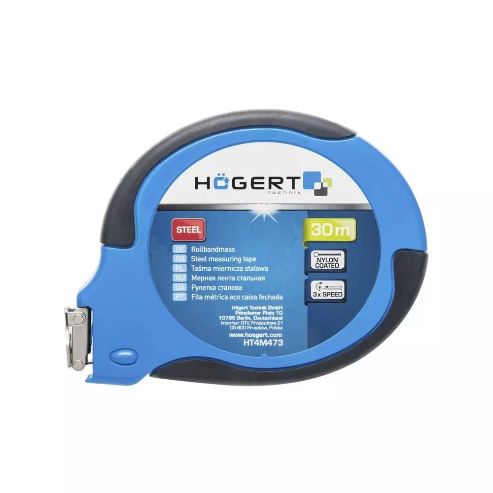 Hogert Technik Steel Measuring Tape Class II Accuracy, 30 m Length and 9.5 mm Width, HT4M473