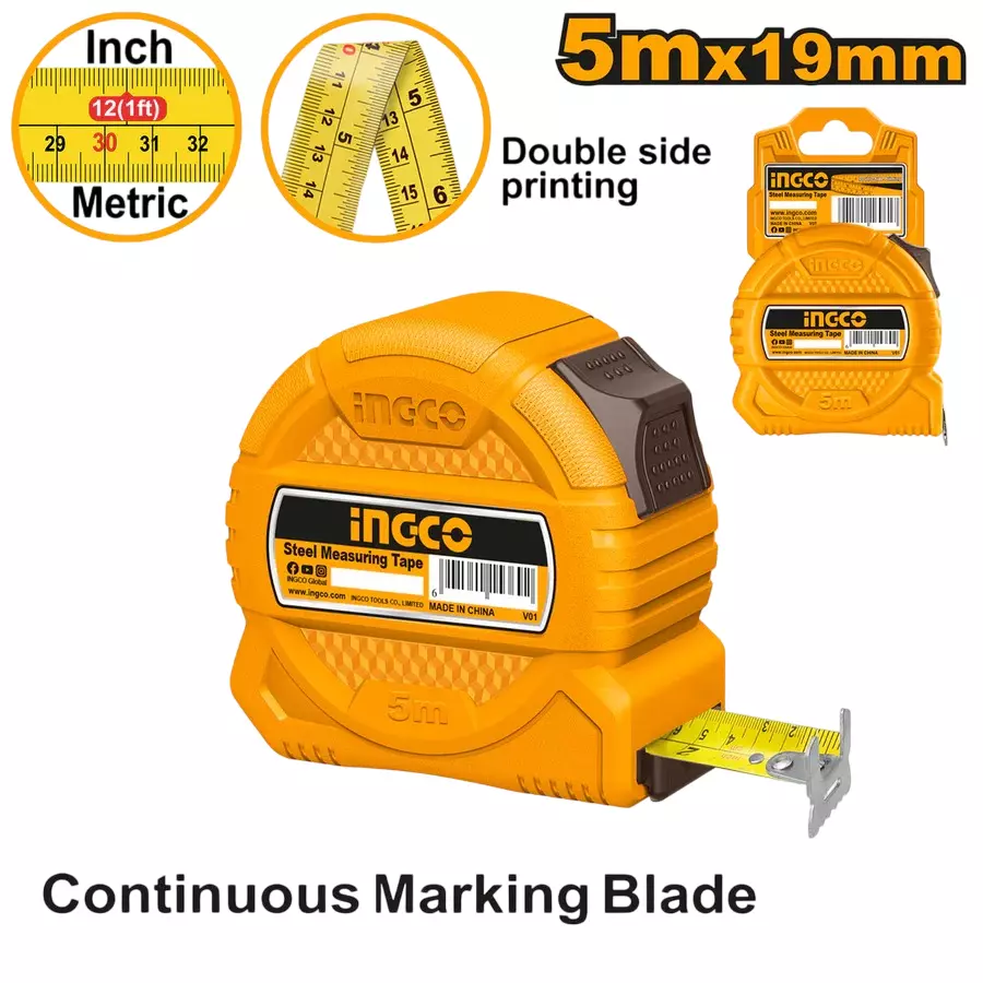 Ingco Steel Measuring Tape with 5 m Length and 19 mm Width for Larger Projects, Measurement, HSMT39519