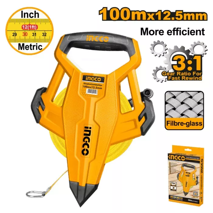 Ingco Fiberglass Measuring Tape with 100 m Length and 12.5 mm Width for Larger Projects, Measurement, HFMT83100