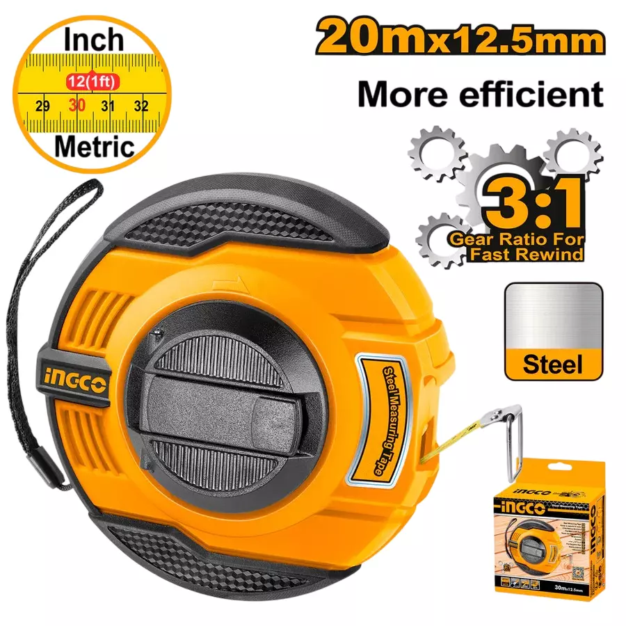 Ingco Steel Measuring Tape with 20 m Length and 12.5 mm Width for Larger Projects, Measurement, HSMT8420