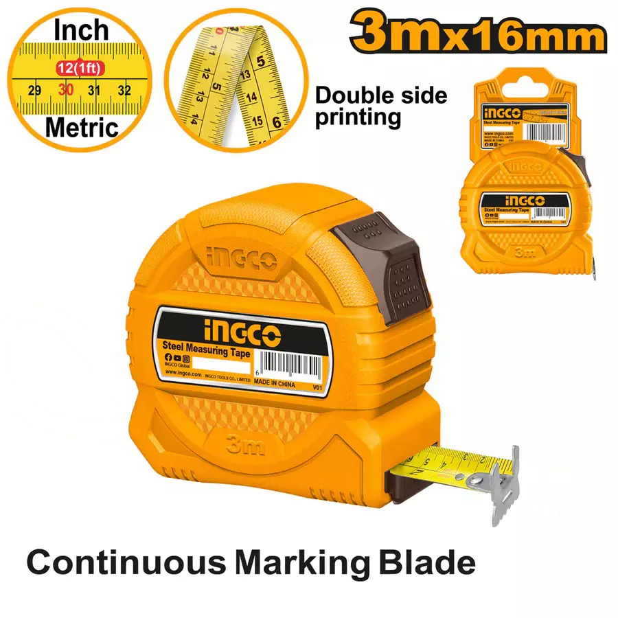 Ingco Steel Measuring Tape with 3 m Length and 16 mm Width for Larger Projects, Measurement, HSMT39316