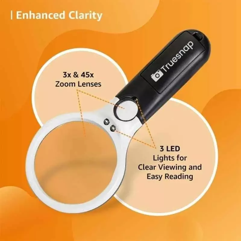 Truesnap 3 LED Magnifier Glass 3X & 45X Plastic White & Black Reading & Inspection, TS-ML-01