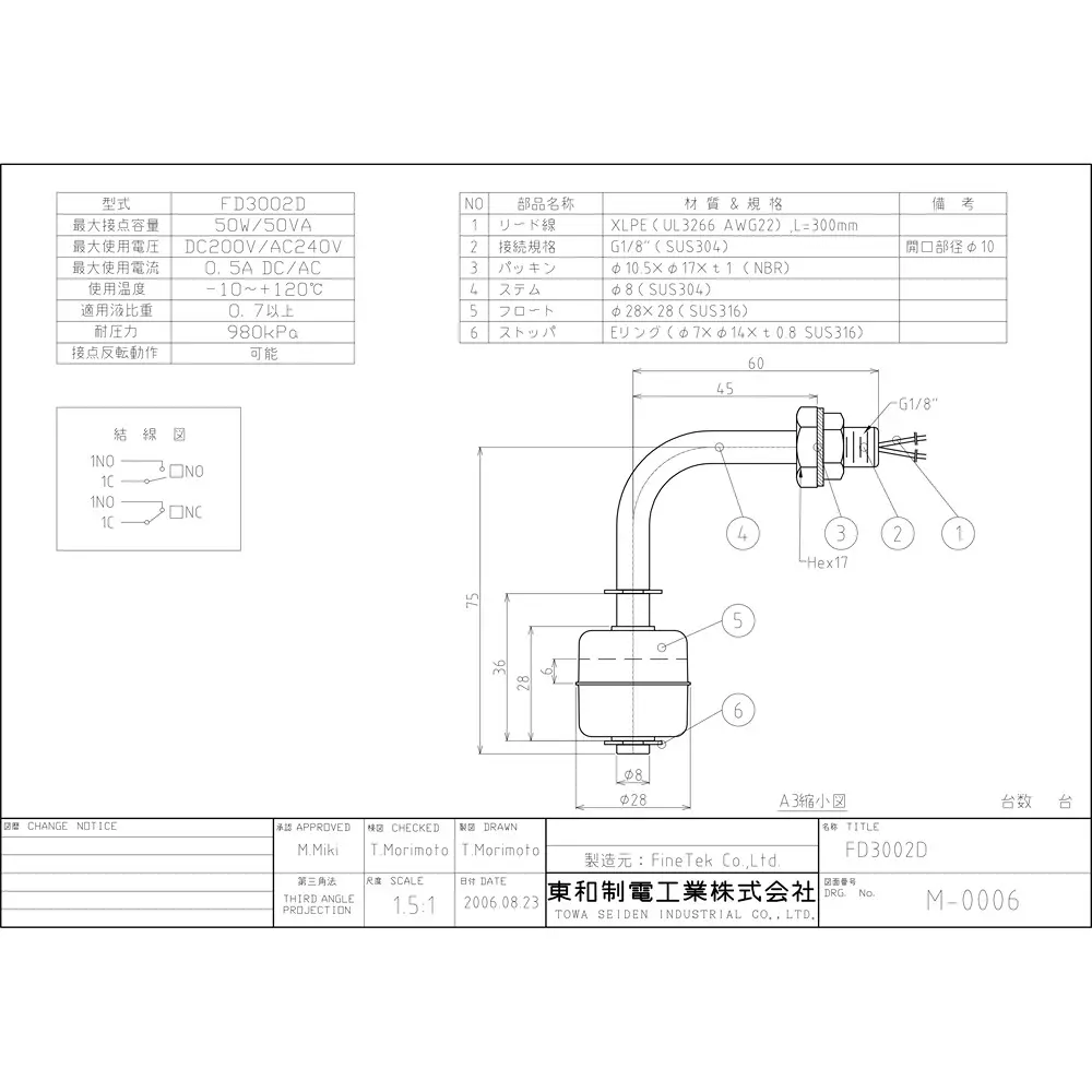 Towa Seiden Float Switch SUS316 Wetted Parts 980 kPa Pressure Contact reversal: Yes Contact, FD3002DE