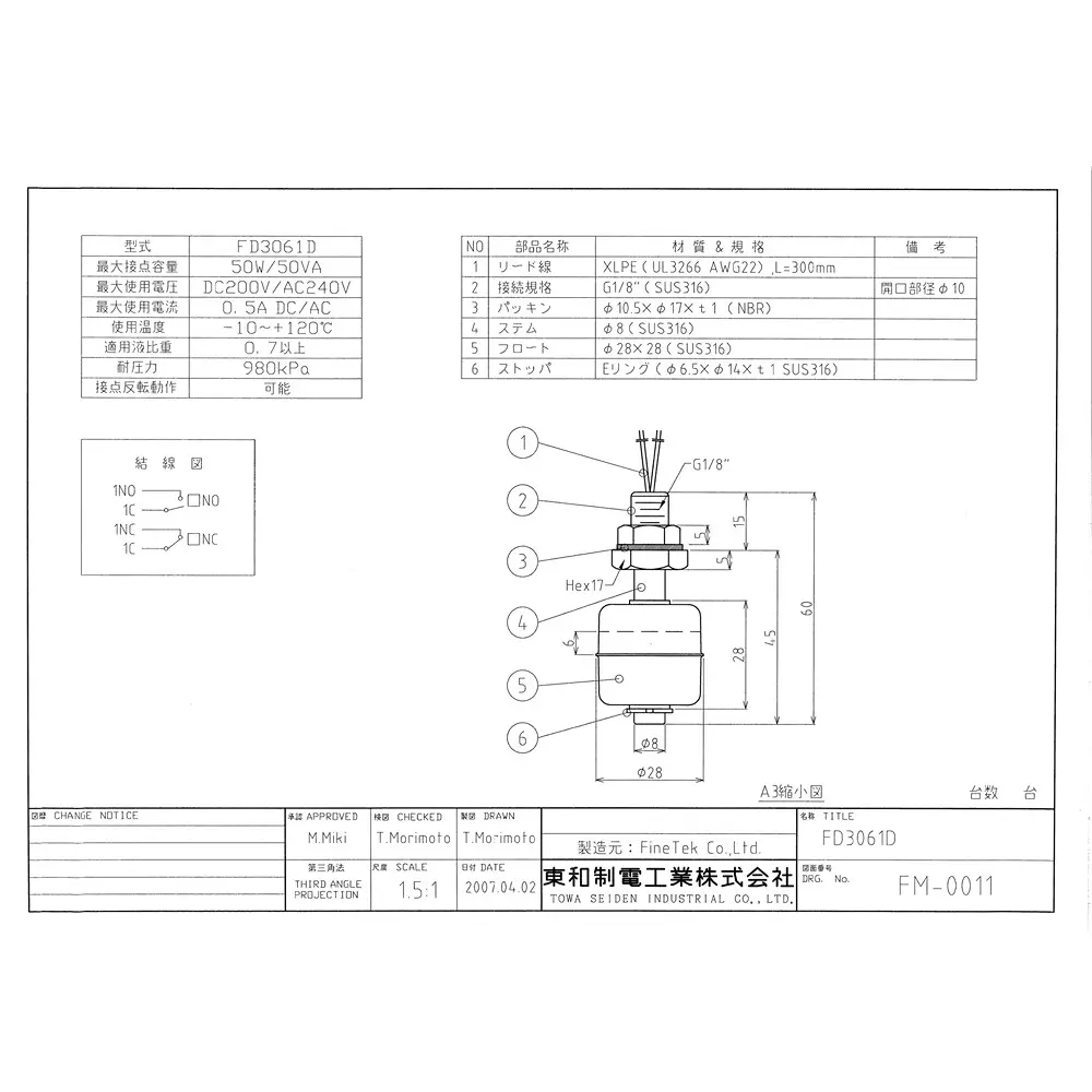 Towa Seiden Float Switch SUS Wetted Parts 980 kPa Pressure Contact reversal: Yes Contact, FD3061DE