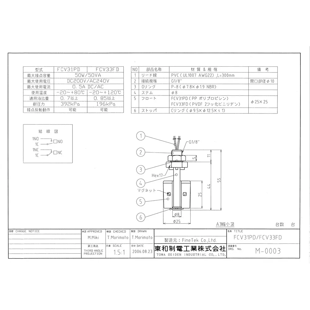 Towa Seiden Float Switch PP Wetted Parts 392 kPa Pressure -20 to 80 Temperature, FCV31PDE