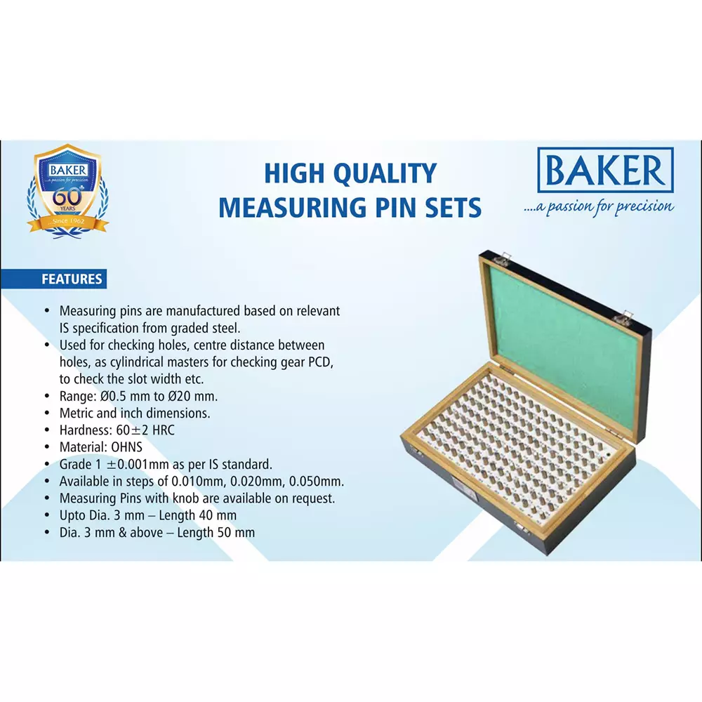 Baker 50 Pcs Measuring Pin Set 19.51-20 mm Dia Range 60±2 HRC without Knob