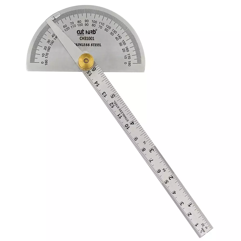 Cuthard Degree Protractor with Heavy Duty Brass Adjusting Nut 0-180° Stainless Steel Silver, CH31001