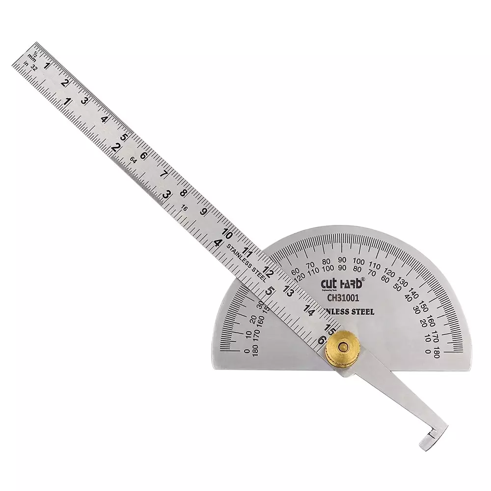Cuthard Degree Protractor with Heavy Duty Brass Adjusting Nut 0-180° Stainless Steel Silver, CH31001