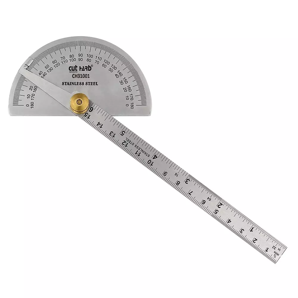 Cuthard Degree Protractor with Heavy Duty Brass Adjusting Nut 0-180° Stainless Steel Silver, CH31001