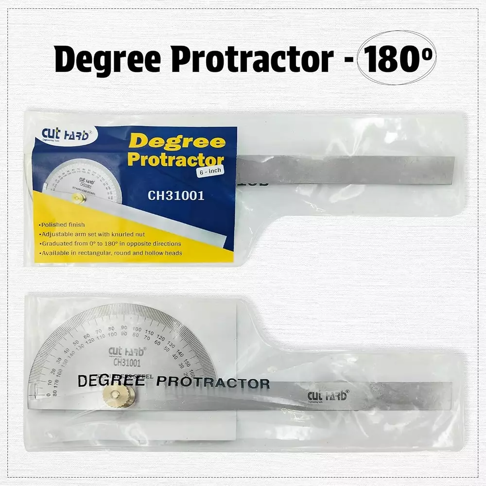 Cuthard Degree Protractor with Heavy Duty Brass Adjusting Nut 0-180° Stainless Steel Silver, CH31001