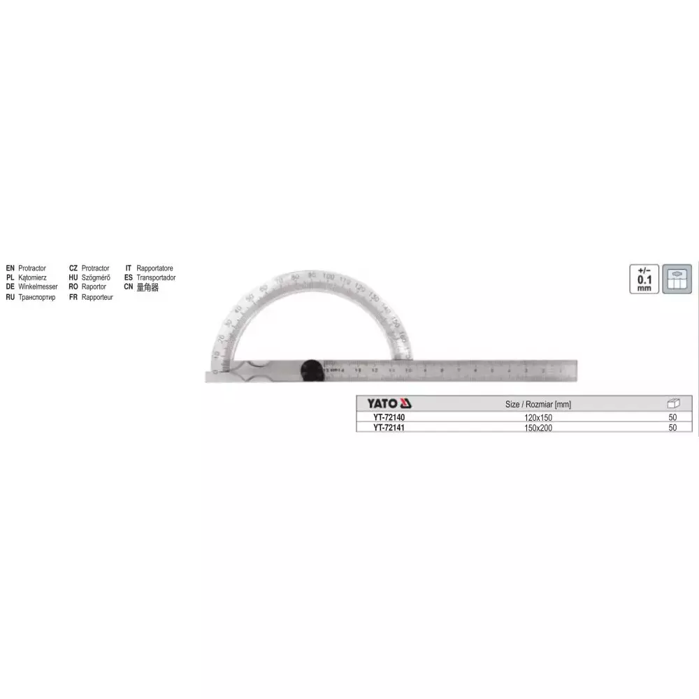 Yato Mechanical Protractor Stainless Steel 150 mm Blade 120 mm Base 0° to 180° Measurement Range, YT-72140