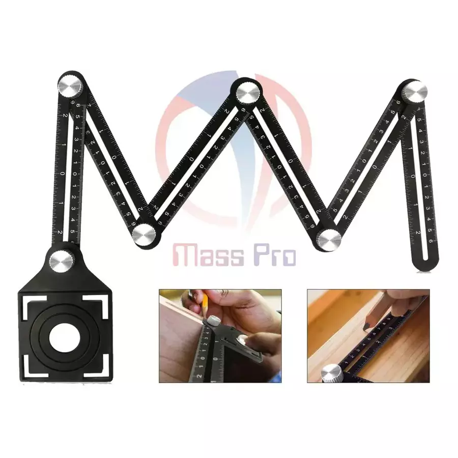 Mass Pro Multi Functional Six Side Tiles Hole Marker Ruler Cutting Marking Gauge 30 cm Shaft Length Black Aluminium Alloy & Plastic