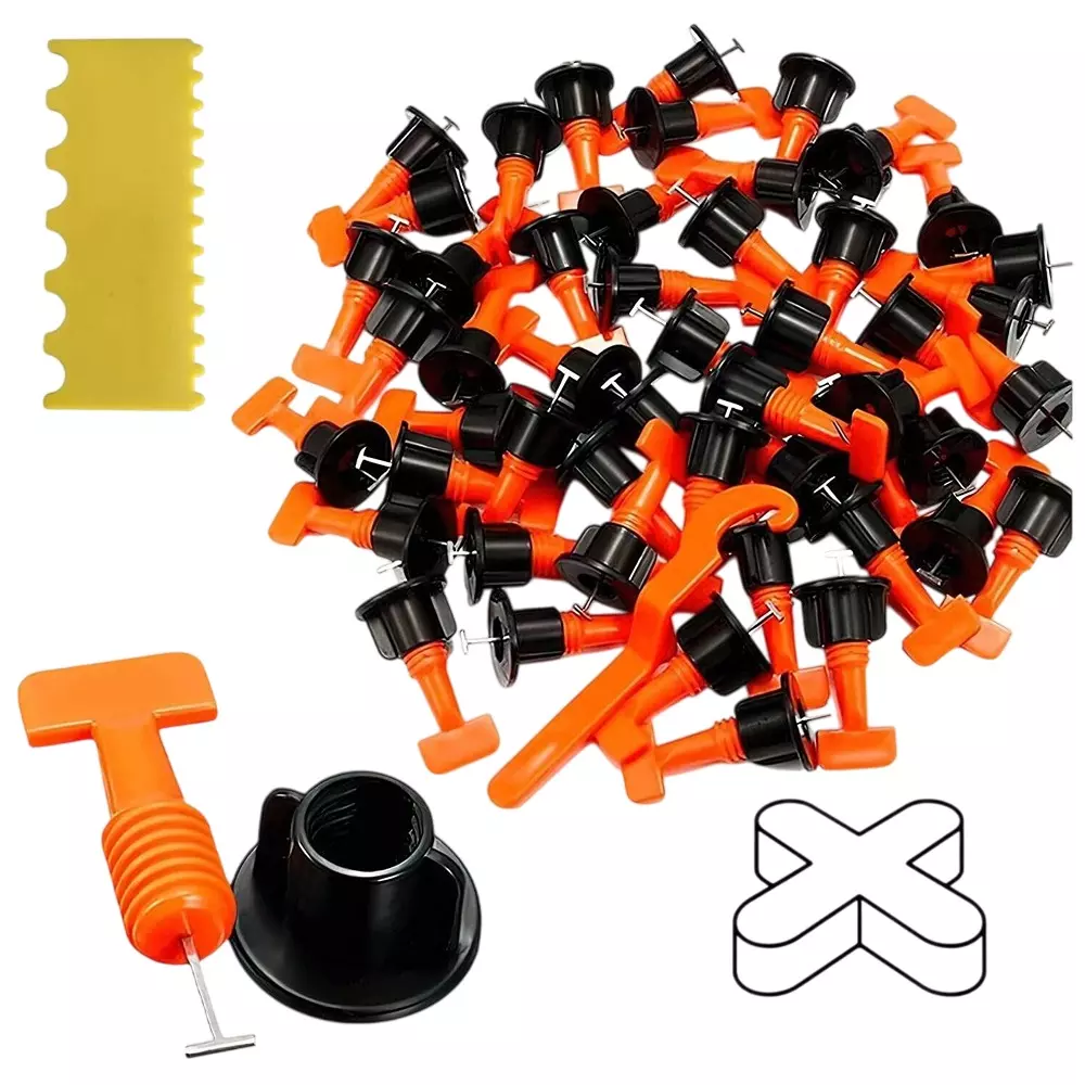 Flamingo 50 Pcs Tile Leveler with 200 Pcs Spacer & 1 Plastic Trowel Orange, Black for 3-17 mm Tiles