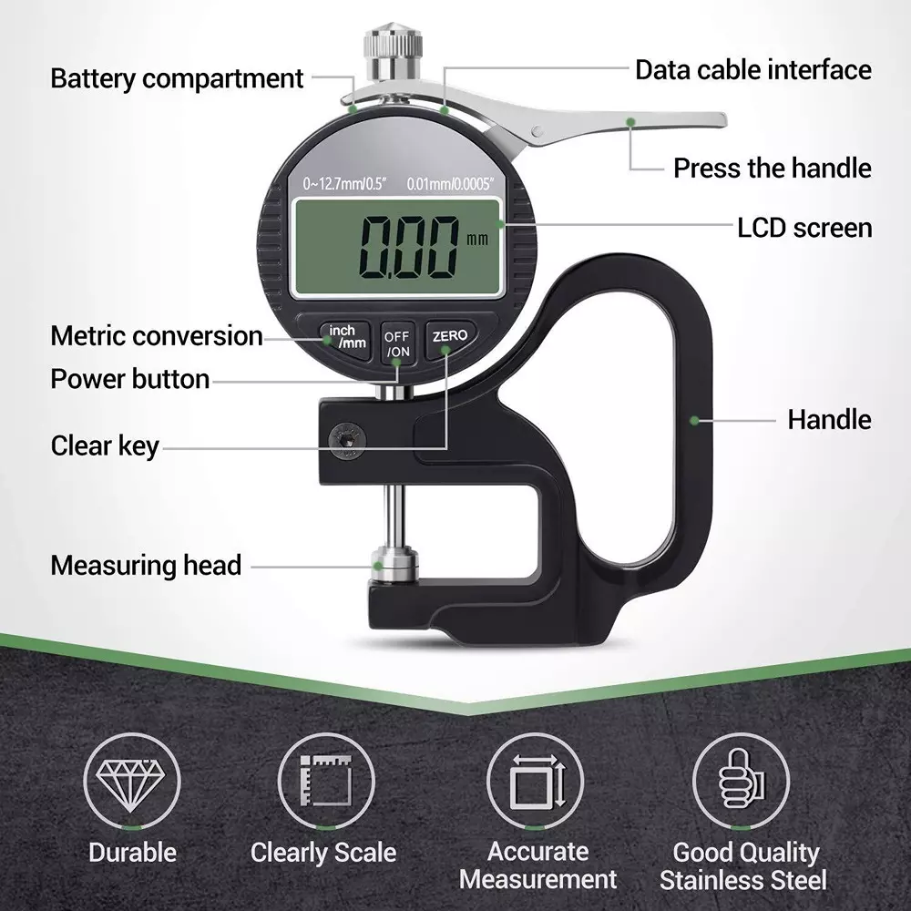 HSETIN Digital Thickness Gauge Range 0 to 12.7 mm and Accuracy ± 0.02 mm, DMG-15