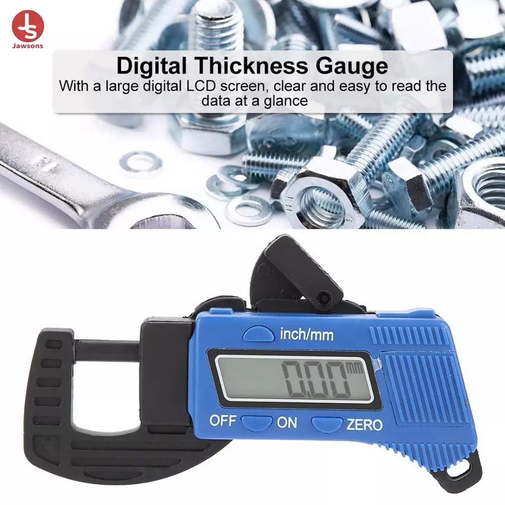 Jawsons Thickness Gauge 0-12.7 mm Range ±0.1 mm (0.005 inch) Accuracy with Digital LCD Display, Blue & Black