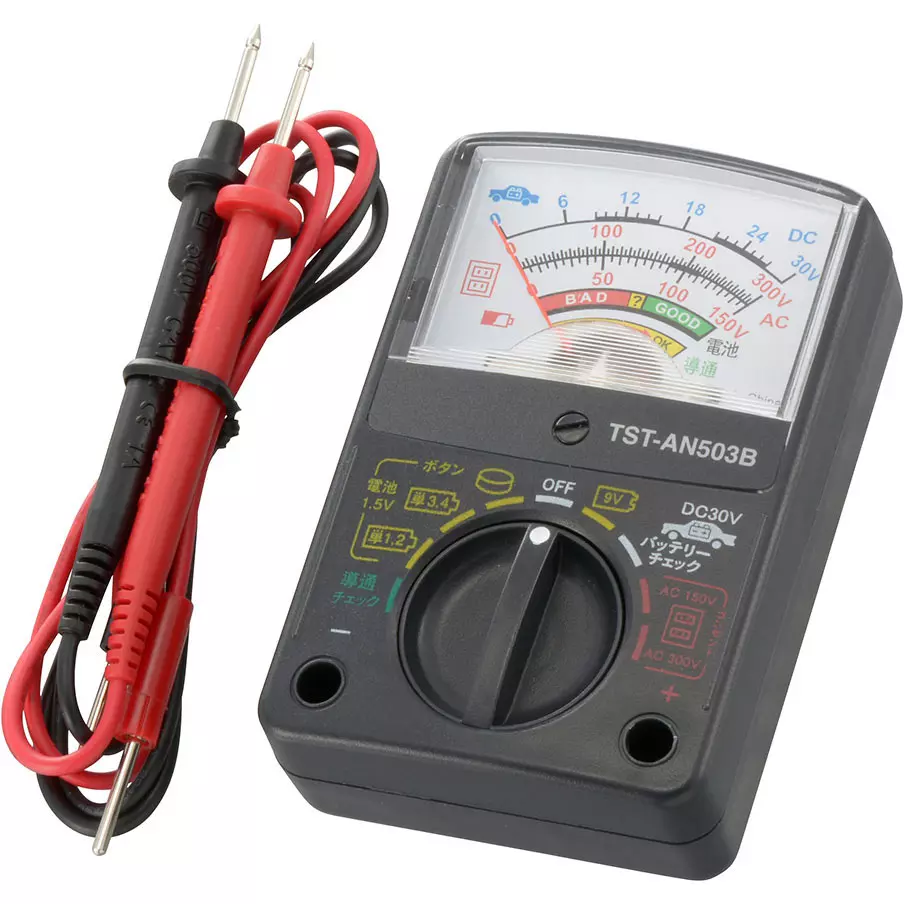 Ohm Electric Analog Multimeter Test leads: Red/Black Specifications AA battery x 1 Power Supply Fuse, test leads, AA, TST-AN503B