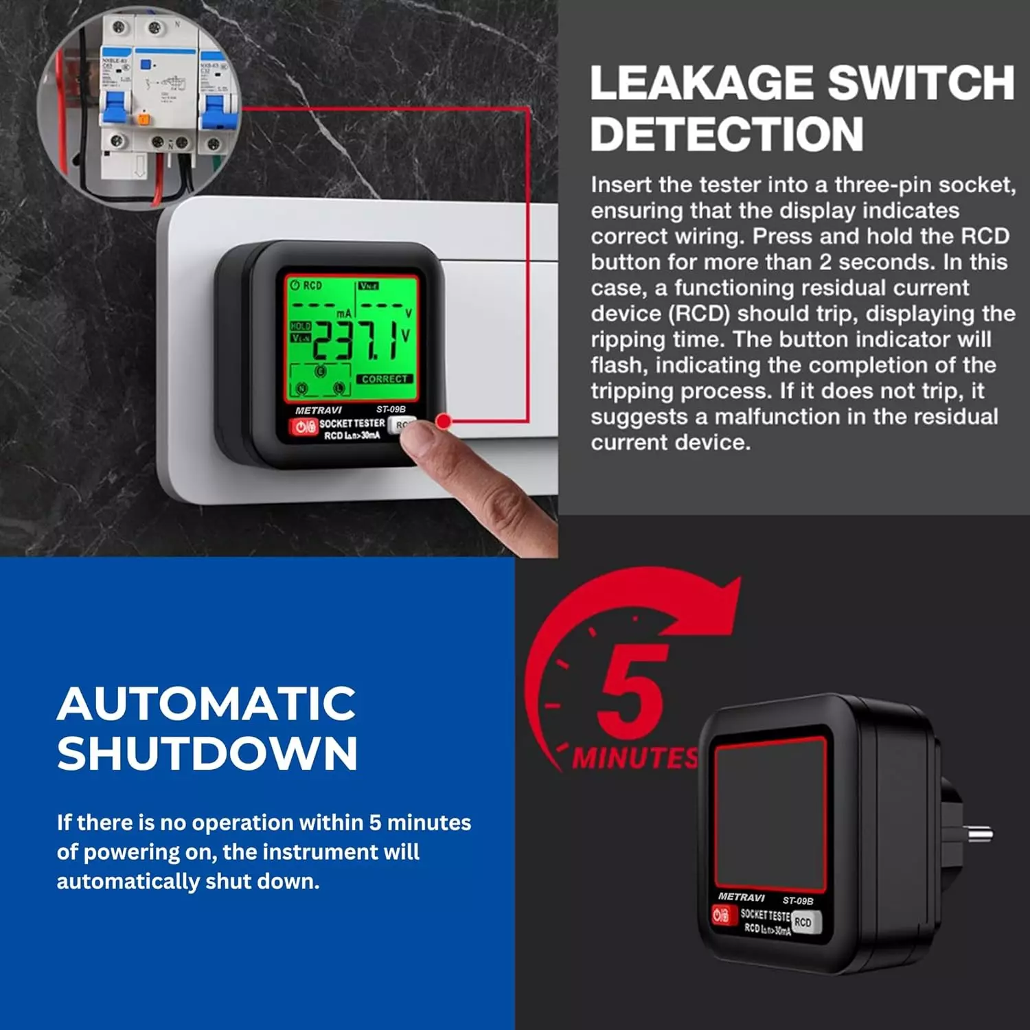 Metravi Socket Polarity and Earth Leakage Tester 16 Amp, 250 V AC, ST-09B