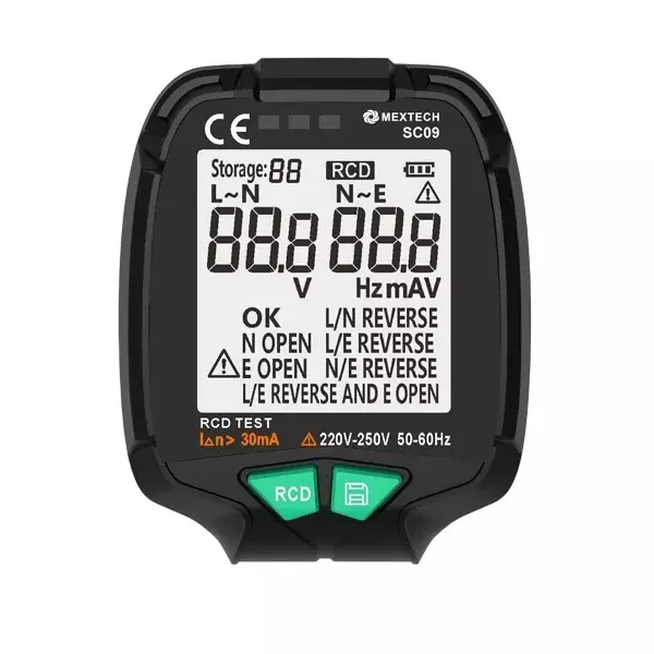 MEXTECH Socket Tester 30-250 V Testing Range >30 mA RCD current 20 Data Groups Storage, SC09