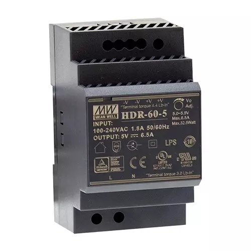 Mean Well Power Supply, AC-DC, 5V, 6.5A, HDR-60-5