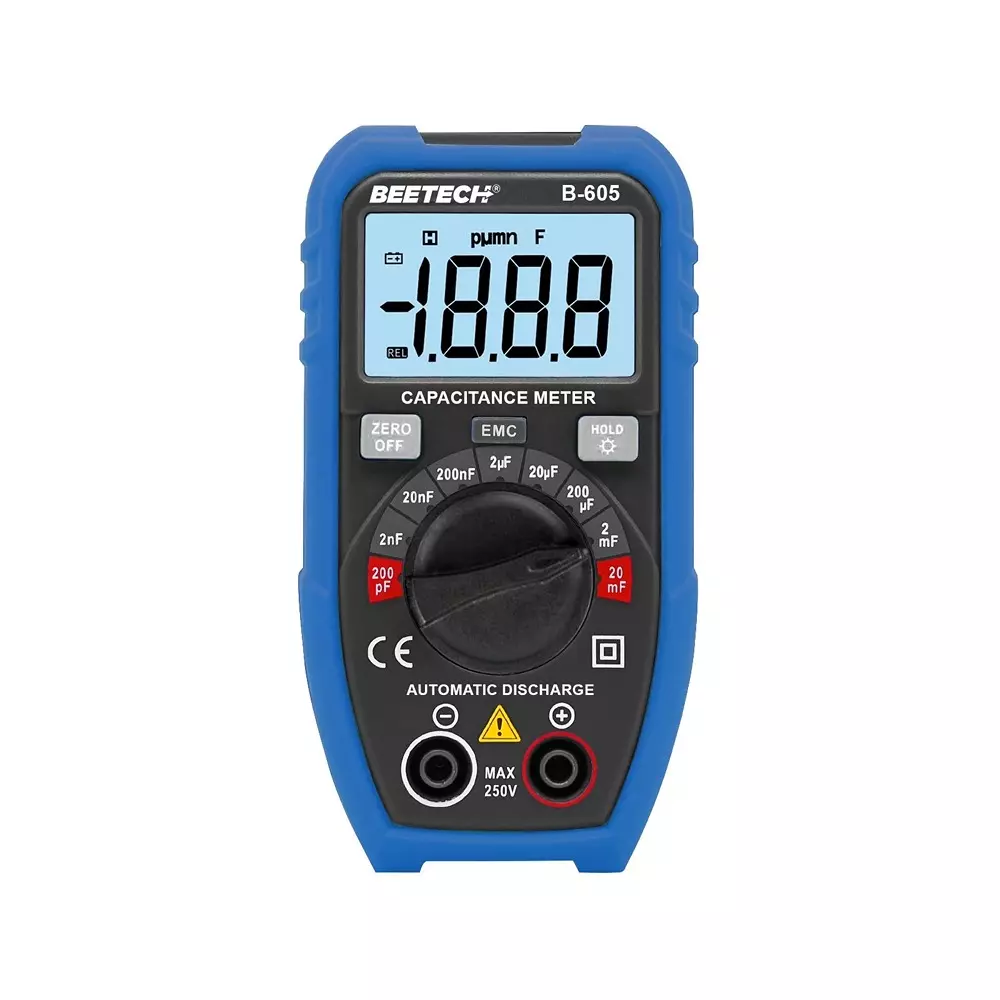 Beetech B-605 Digital Capacitance Meter 2000 Counts Auto-Discharge Tester (200 pF–20 mF) with Backlight for Capacitor Testing & PCB Diagnostics