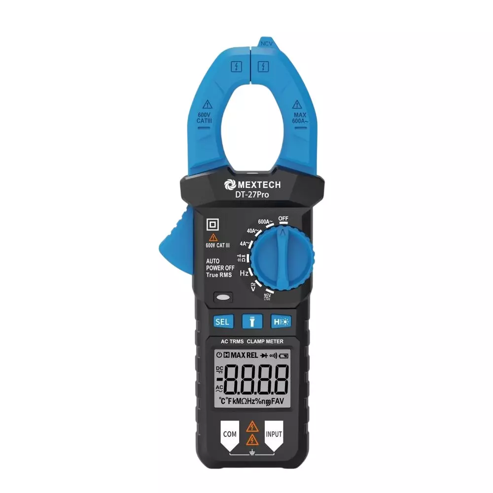 MEXTECH Digital Clamp Meter 3½ Digits Display 26 mm Jaw Opening 600 A AC Current 40 MΩ Resistance, DT27PRO