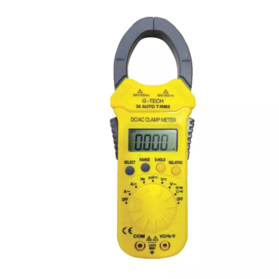 G-Tech Digital Clamp Meter Kit 600 A AC/DC Battery Powered Yellow And Black 4000 Counts for Testing & Measuring Use, 36 AUTO TRMS