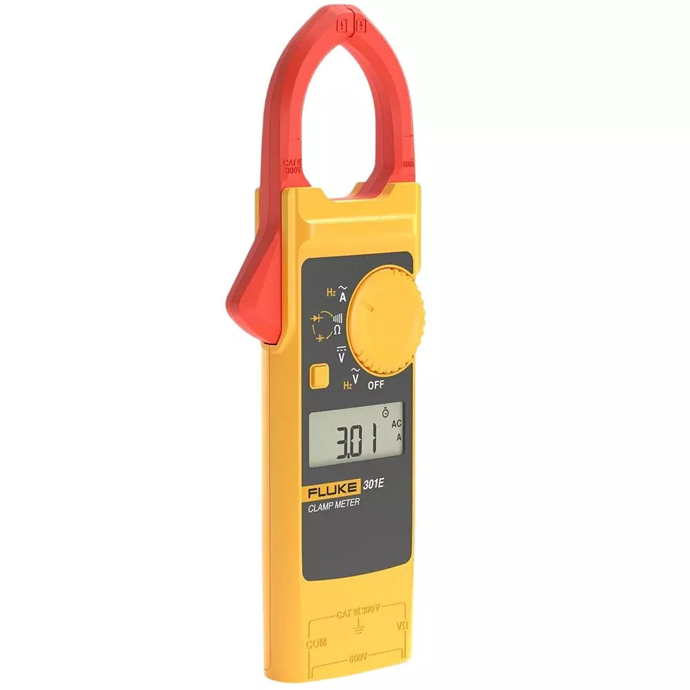 Fluke Digital AC/DC Clamp Meter 6000 Counts LCD Display 60 A, 600 A, 1000 A Range, 0.01 A, 0.1 A, 1 A Resolution and 2 % + 10, 2 % + 5, 2 % + 5 Accuracy, 301E (With Test Leads)