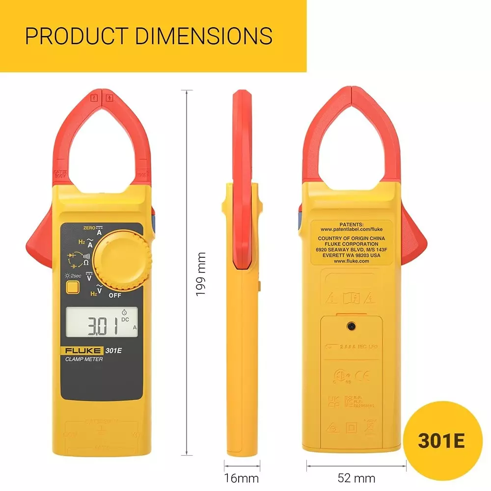 fluke-digital-acdc-clamp-meter-6000-counts-lcd-display-60-a-600-a-1000-a-range-001-a-01-a-1-a-resolution-and-2--10-2--5-2--5-accuracy-301e