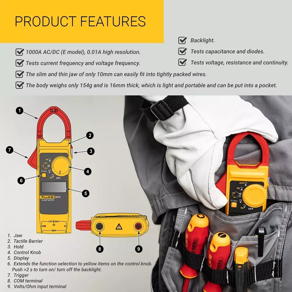 fluke-digital-acdc-clamp-meter-6000-counts-lcd-display-60-a-600-a-1000-a-range-001-a-01-a-1-a-resolution-and-2--10-2--5-2--5-accuracy-301e