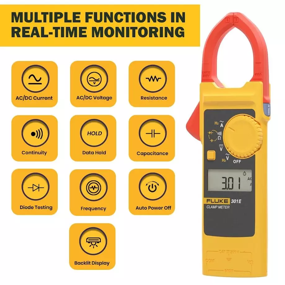 fluke-digital-acdc-clamp-meter-6000-counts-lcd-display-60-a-600-a-1000-a-range-001-a-01-a-1-a-resolution-and-2--10-2--5-2--5-accuracy-301e