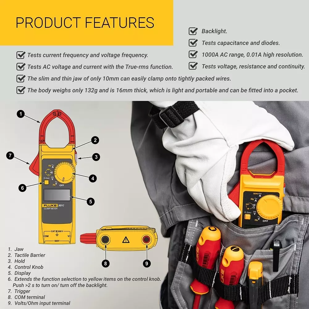 fluke-digital-clamp-meter-6000-counts-lcd-display-60-a-600-a-1000-a-range-001-a-01-a-1-a-resolution-and-2--10-2--5-2--5-accuracy-301c