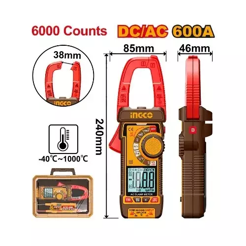 Ingco DC/AC Clamp Meter with True RMS 6000 Count LCD Display and 60 A / 600 A Current, DCM66002 (With 3 Pcs LR03 AAA Batteries)
