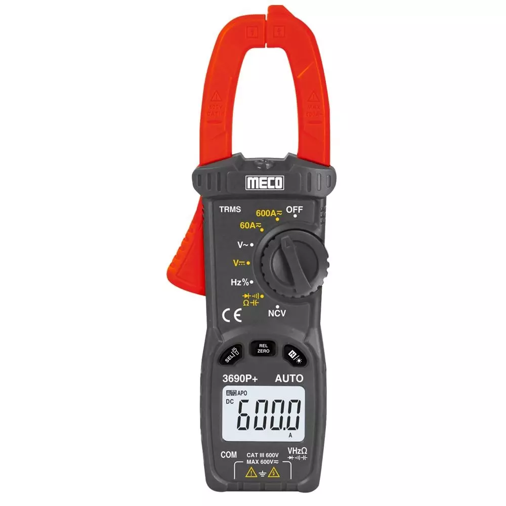 MECO Digital Clampmeter 3⅚ Digits, 6000 Counts LCD Display, TRMS, Autoranging and 600 A DC/AC Current, 3690P+ AUTO