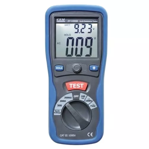 MEXTECH Digital Earth Resistance Tester Large LCD with Dual Display 750 V 10, 100, 1000 Ω Earth Resistance Range, CEM&nbsp;DT5300